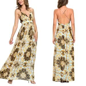NWT Ricarica Baroque Chiffon Maxi Dress Blue Gold Backless Wedding Guest M